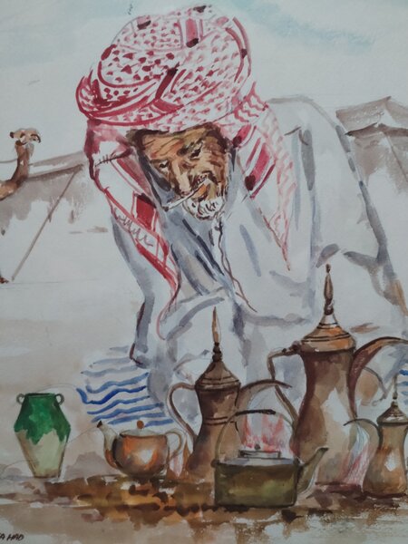 Tablou arab pictat in acuarela si semnat